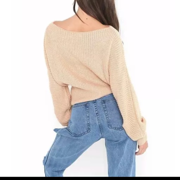 Lace Up Front Wide Neck Chunky Knit Sweater Top - Picture 4 of 6